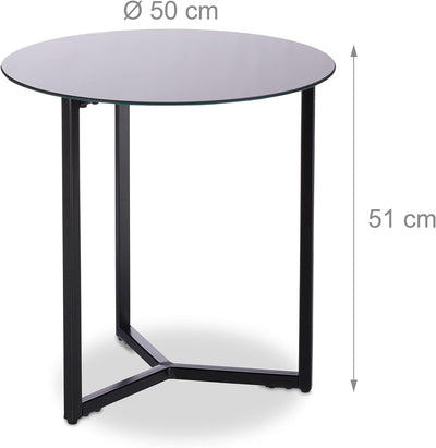 Relaxdays Schwarz Runder Beistelltisch aus Glas und Metall, dekorativer Loungetisch, HxBxT: 51 x 50