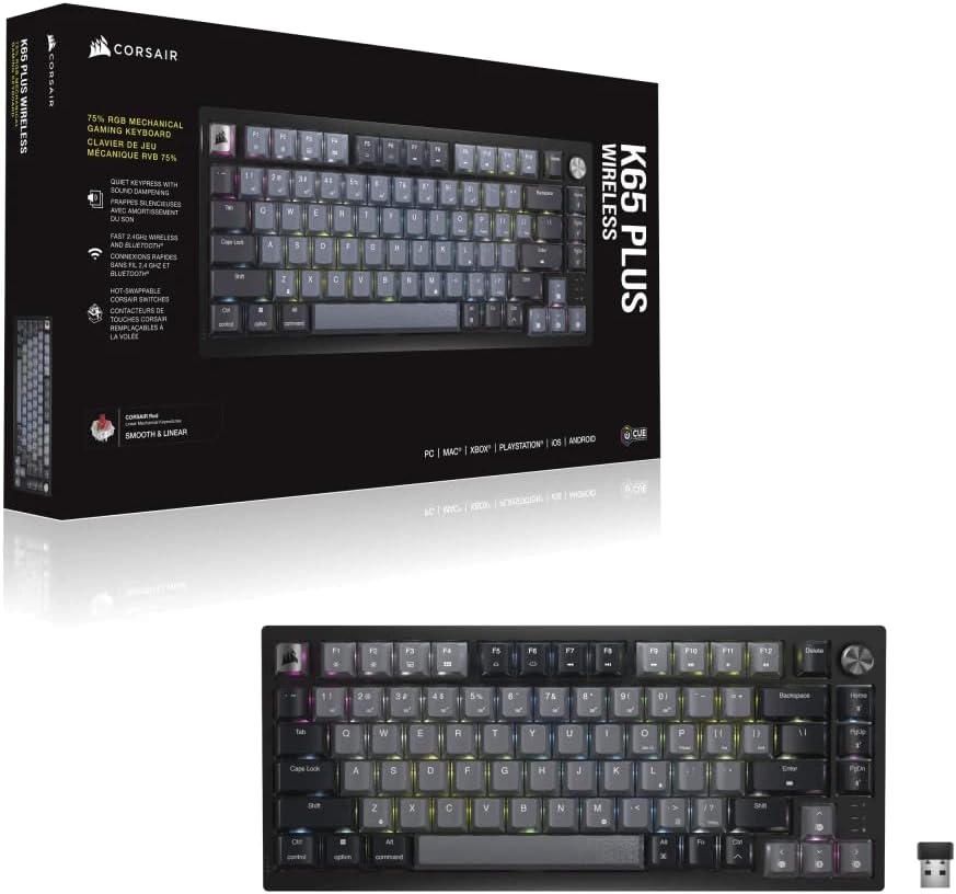 Corsair K65 Plus Wireless 75% RGB Mechanische Gaming-Tastatur, Hot-Red, lineare MLX Red Pre-Lubrifiz