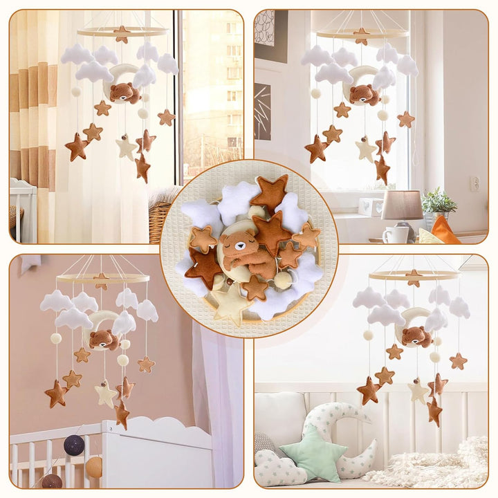 Mobile Babybett, Mobile Baby Windspiele mit 3D Bär Mond Wolken Sterne Glocke, Kinderzimmer Hängende