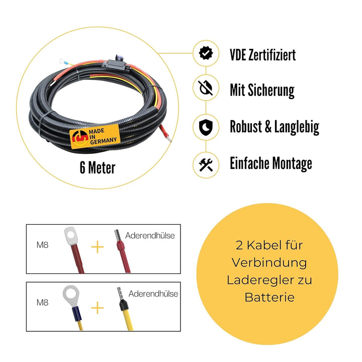 6m Anschlusskabel für Laderegler | bis 50A Stromstärke | Verbindung Laderegler zu Batterie l M8 Batt