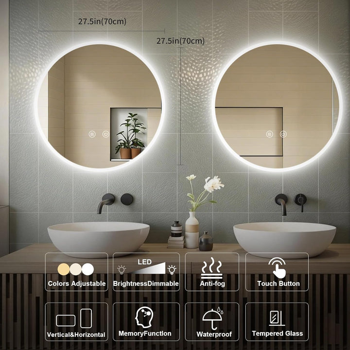 Badspiegel mit Beleuchtung Rund 70cm, Badezimmerspiegel Wandspiegel und Touch-Schalter, IP65-Led-Spi