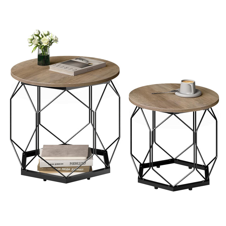 WOLTU 2er Set Couchtisch, Beistelltisch mit runder Tischplatte, Sofatisch mit hohlem Metallrahmen, W