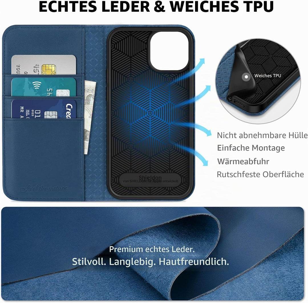 SHIELDON Hülle für iPhone 13 Mini, RFID-Sperre Handyhülle [Echtleder] [Stossfest ] [Standfunktion] [
