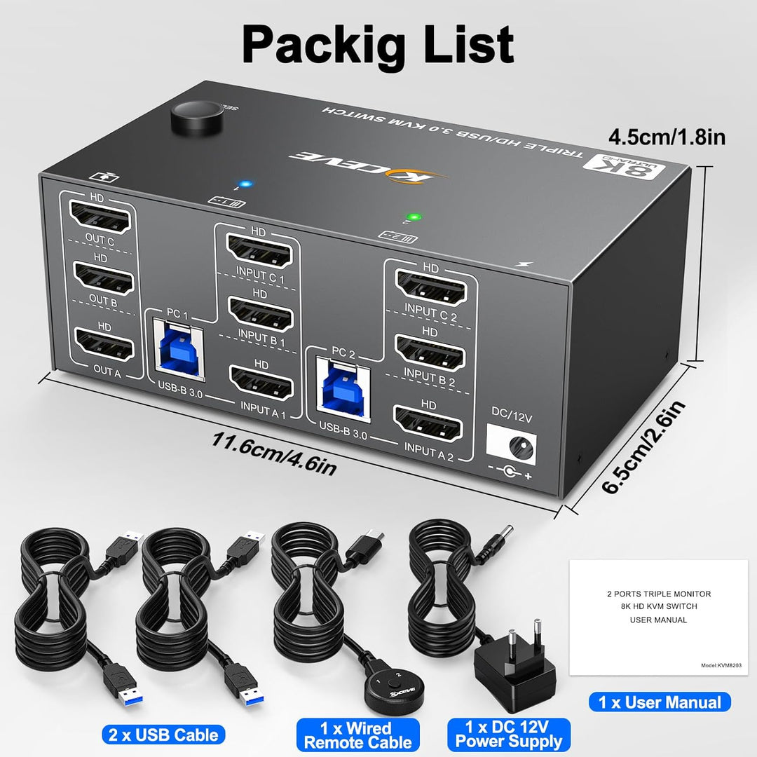 USB 3.0 KVM Switch 2 PC 3 Monitore HDMI 8K@60Hz 4K@144Hz, Triple Monitor KVM Switch HDMI 2.1 Teilen