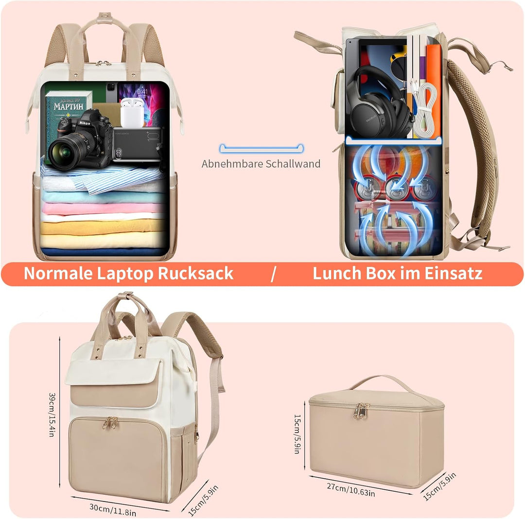 BERTASCHE Lunch Rucksack, Laptop Rucksack Damen 15,6 Zoll mit Isoliertes Kühltasche, 2-in-1-Arbeitsr