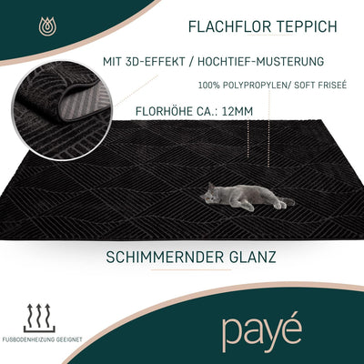 payé Teppich Wohnzimmer Einfarbig - 120x160cm - Schwarz Grau Uni Geometrisch Wellen Muster Modern Ku