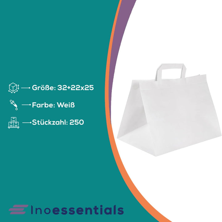 Inoverse 250 Stück Papiertragetaschen, Geschenktüten, 32+22x25 cm Papiertüten mit Henkel, Weiss Kraf