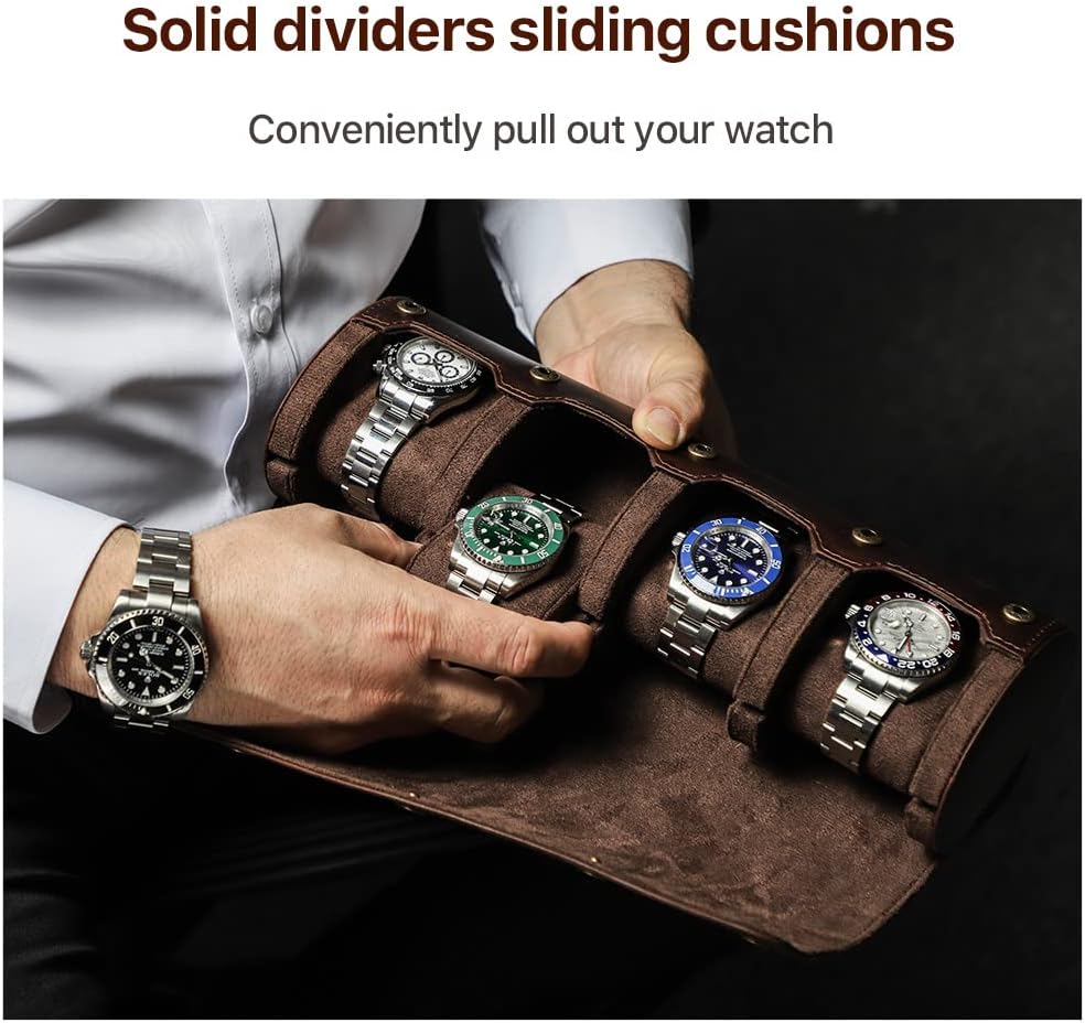 Hiram Uhren-Reiseetui für 4 Uhren, echtes Leder, Aufbewahrungsbox, Schiebekissen-Design, tragbarer U