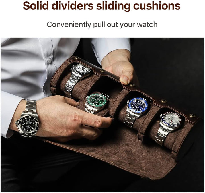 Hiram Uhren-Reiseetui für 4 Uhren, echtes Leder, Aufbewahrungsbox, Schiebekissen-Design, tragbarer U