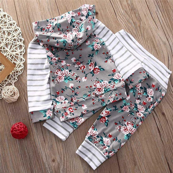 EDOTON Baby Mädchen Outfit 2 Stücke Set Gestreifte Blumen Hoodies mit Tasche Top + Lange Hosen Sweat