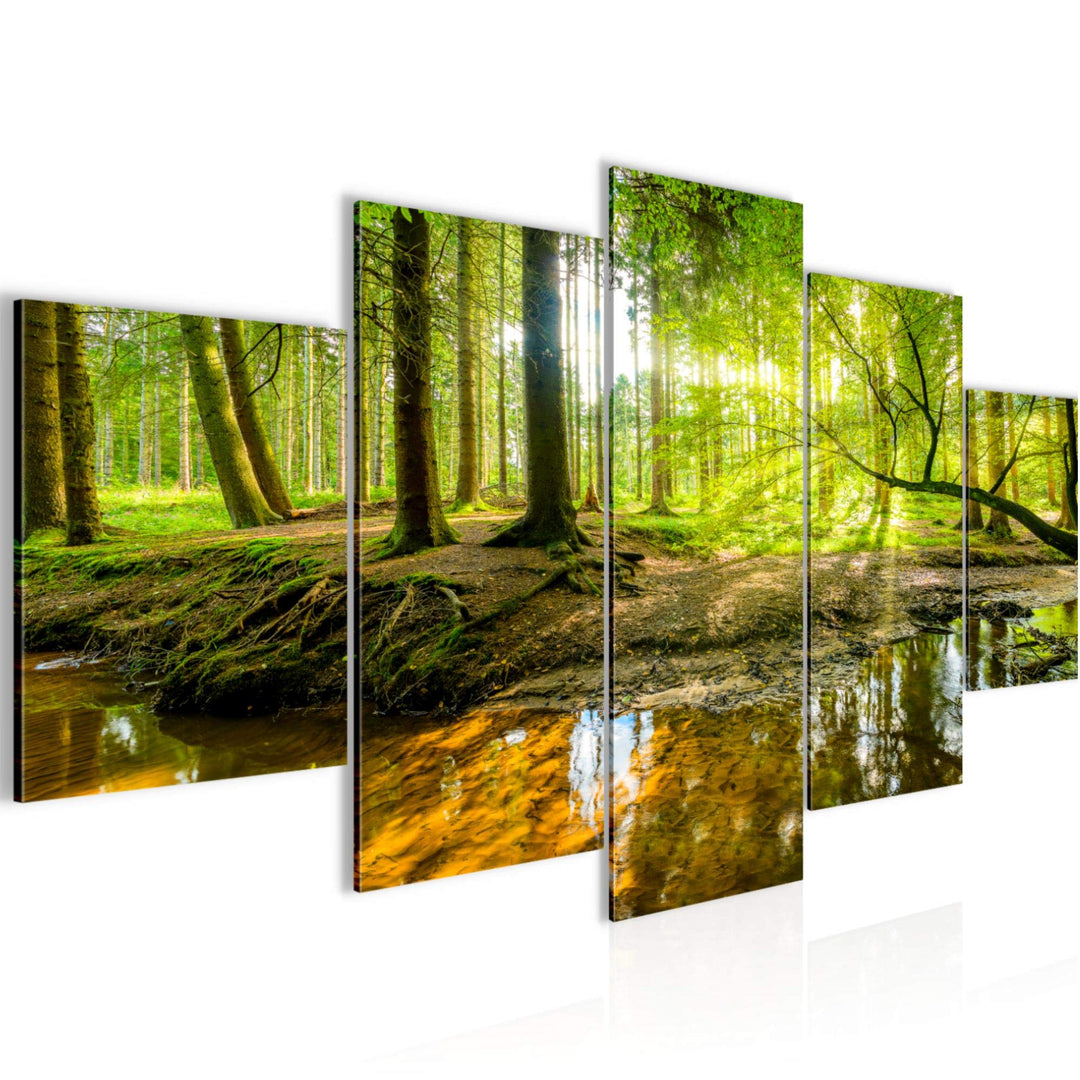 Runa Art Bild Schlafzimmer Wohnzimmer Wald Landschaft 5 Teilig Natur Grün Wandbilder auf Vlies Leinw