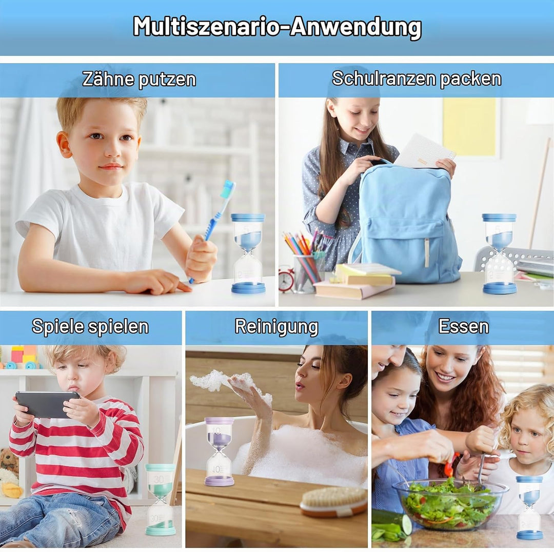 6 Stück Sanduhren Set – 1/3/5/10/15/30 Minuten Timer – Bunte Sanduhren in Macaron-Farben für Lernen,