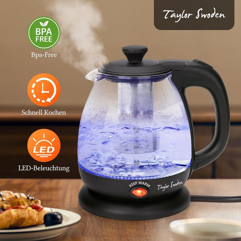 Taylor Swoden Wasserkocher Klein,1 Liter Wasserkocher Glas Led, 2200W Electric Kettle, Warmhaltefunk