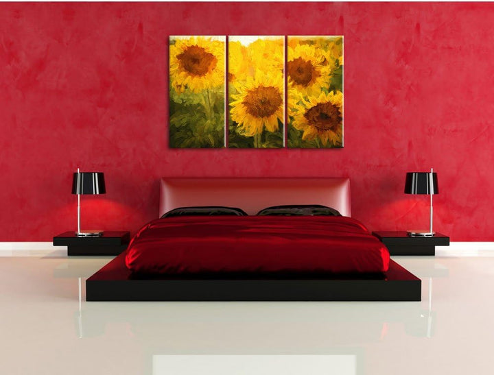Pixxprint Sonnenblumen auf dem Feld Kunst als Leinwandbild/Grösse: 3 Teilig (120x80 cm) cm/Wandbild/