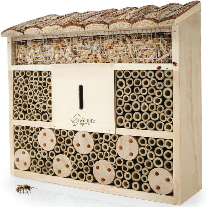 WILDLIFE HOME Bienenhotel Insektenhotel mit Rindendach I Unbehandelt, Bienenhaus aus Massiv-Holz für