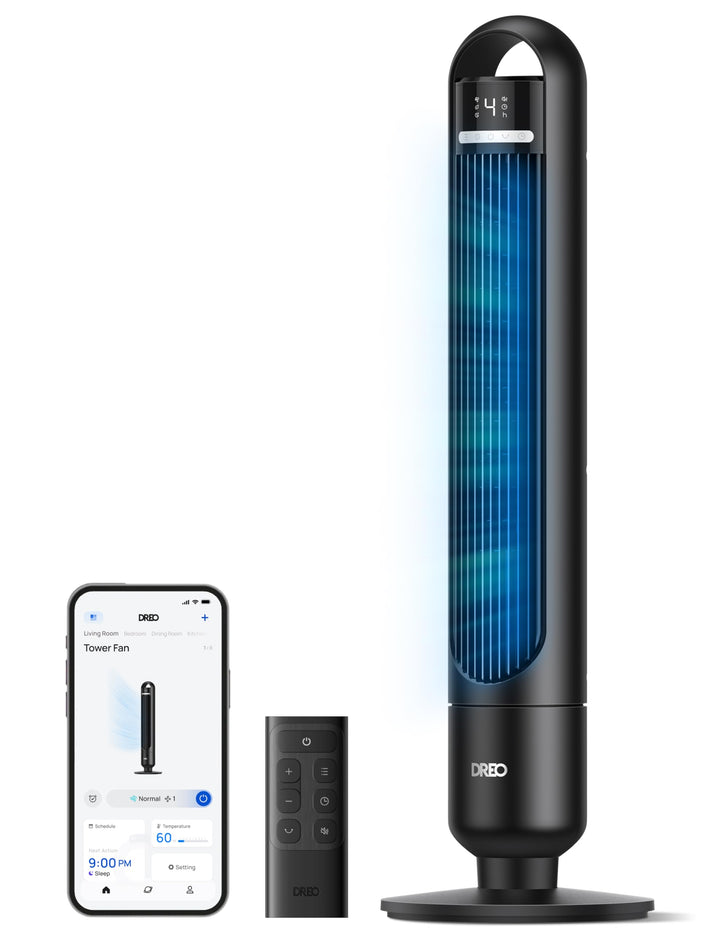DREO Smart Turmventilator fürs Schlafzimmer, leiser Standventilator mit 28 dB, Luftreichweite bis 8,