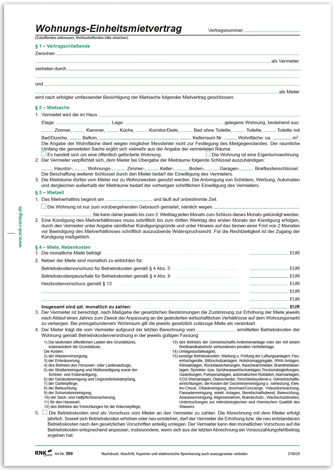 RNK 599 - Wohnungs- Einheitsmietvertrag, 4 Seiten, gefalzt auf DIN A4, mit Wohnungsgeberbescheinigun