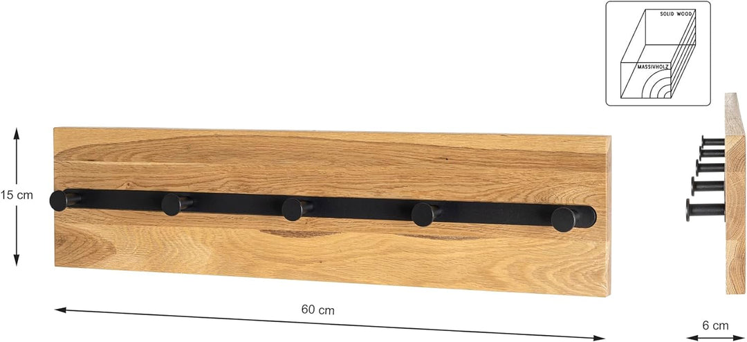 HAKU Möbel Wandgarderobe, Massivholz, eiche geölt-schwarz, B 60 x T 6 x H 15 cm Eiche Geölt-schwarz