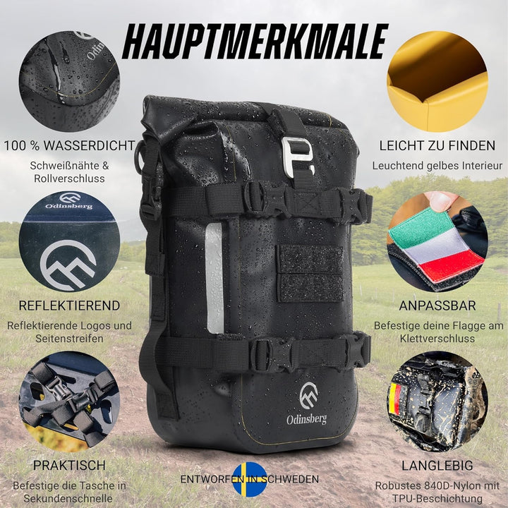 Odinsberg 7L Wasserdicht Hecktasche Motorrad | Sturzbügeltasche, Satteltasche, Sissybar Tasche, Seit