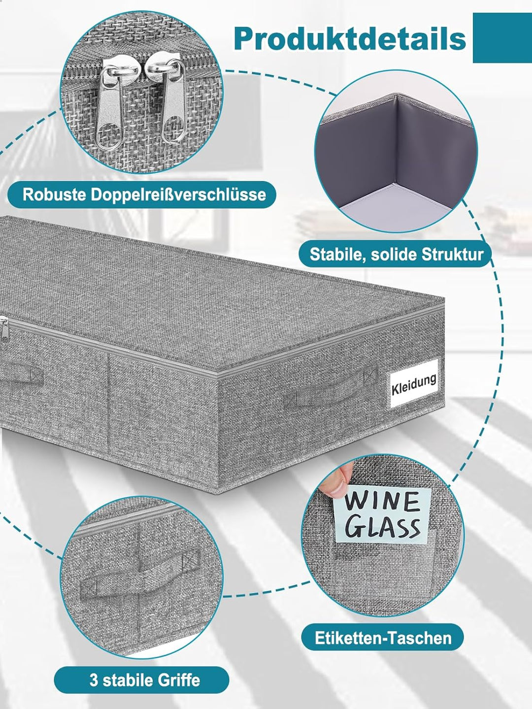 JUPELI Aufbewahrungsbox, 50L Unterbett Aufbewahrungsbox,3 Stück Unterbettkommoden mit Stabile Seiten