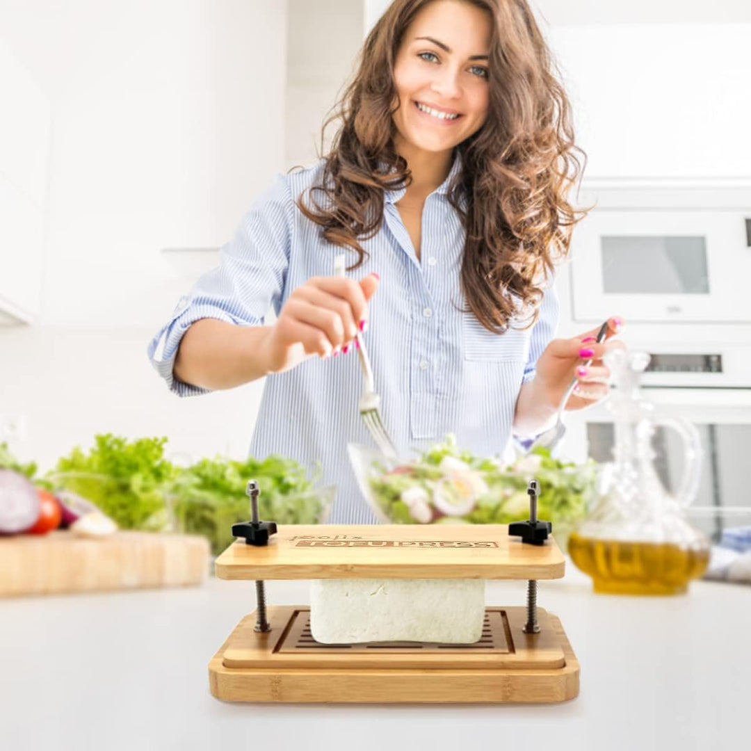 joeji's Kitchen Tofu Presse - Bambus Holz Tofupresse Mit Unterboden - Tofu-Sieb und Abtropfschale -