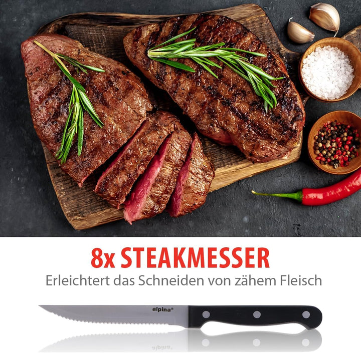 alpina Messerblock aus Holz - Bestückt für Küchen - Kochmesser - Messer Set, Holz