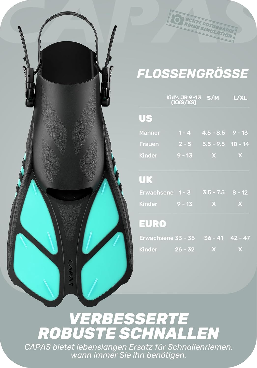 CAPAS Schnorchelflossen, Schwimmflossen Reisegrösse Kurz Einstellbar zum Schnorcheln Tauchen Erwachs