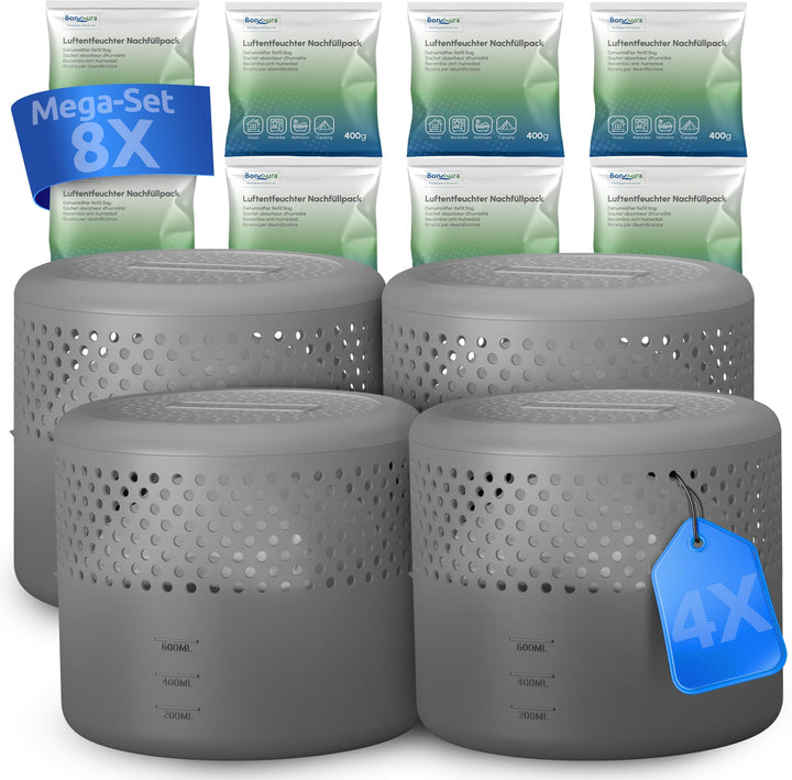 BonAura® 4x Luftentfeuchter ohne Strom + 8x 400g Luftentfeuchter Nachfüllpack - Raumentfeuchter bis