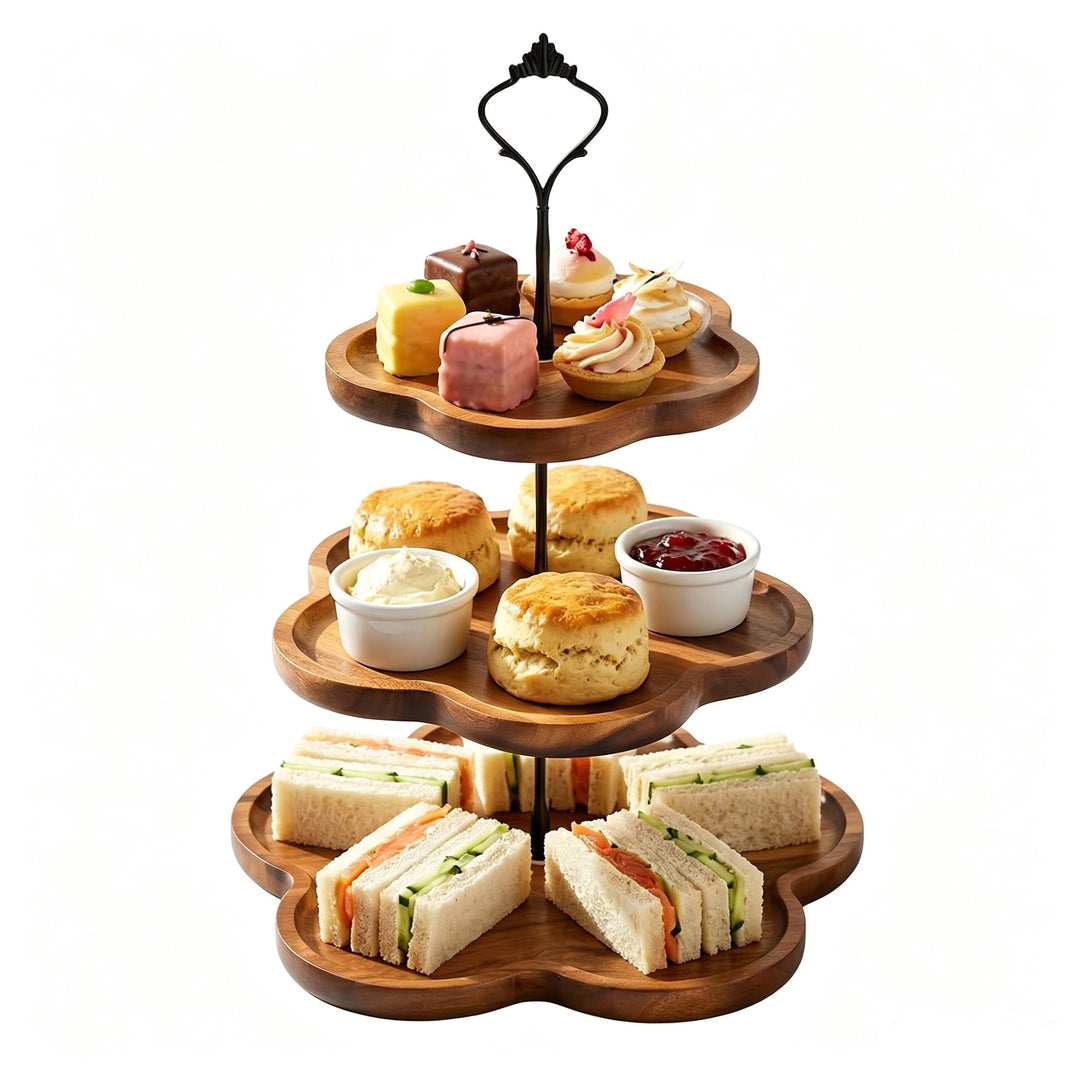Etagere 3 Etagen Holz, Tortenständer 3 Stöckig, Cupcake Ständer mit Metallgriff, Kuchenständer, Serv