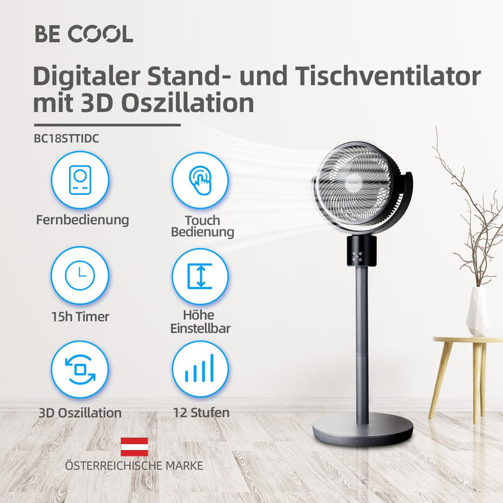 Be Cool Digitaler Stand- und Tischventilator 26cm – DC Inverter Motor, 50 Watt, 12 Stufen, 3 Windmod
