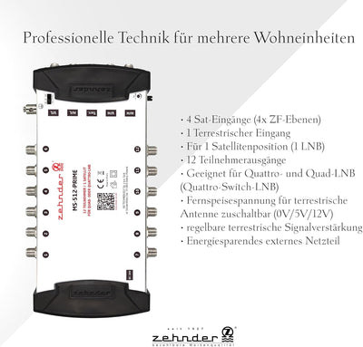 Zehnder 5/12 Multischalter 12 Teilnehmer 1 Satellit - Regelbare Terrestrik - Quattro und Quad LNB ge