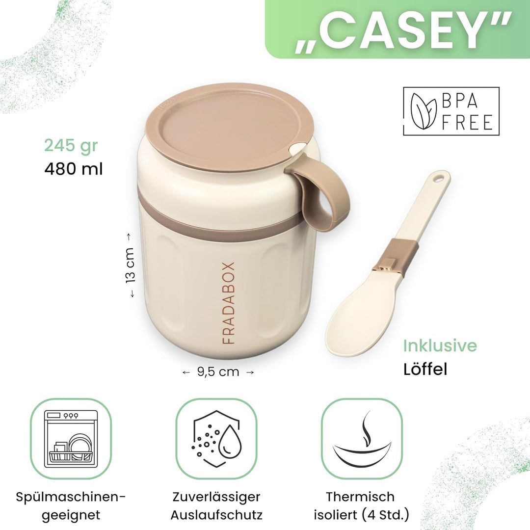 FRADABOX® Lunchpot „Casey“, Thermobehälter mit Löffel, Premium Edelstahl, Müslibecher to go, Auslauf