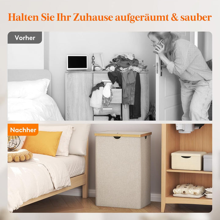 Lifewit 170L Bambus Wäschekorb mit Deckel, Faltbar Wäschesammler 3 Fächer Wäschesortierer mit Abnehm