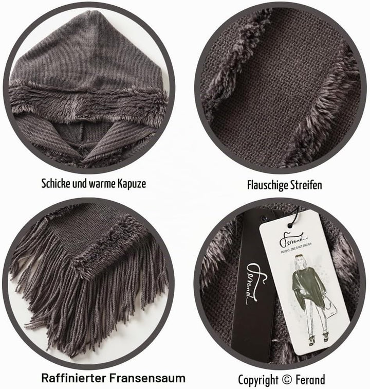Ferand Poncho Damen mit Kapuze, Warmer Winterponcho, Gestreifte Cape Umhang mit Fransen Elegant, Gra