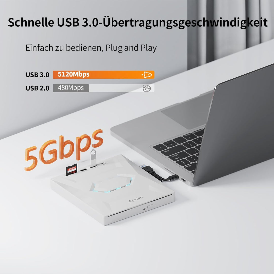 Alxum Externes DVD Laufwerk - USB 3.0 Type C CD Laufwerk extern USB mit SD/TF Kartenleser und USB An