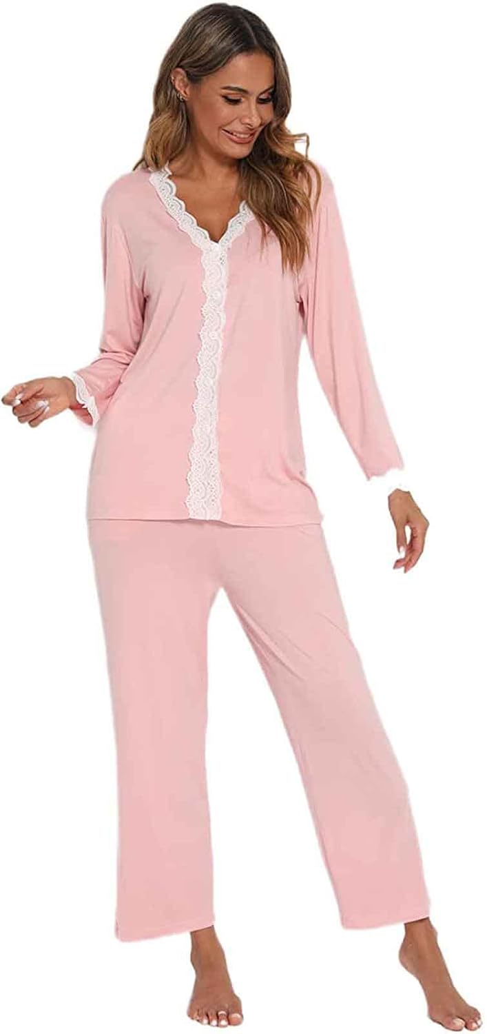 Jecarden Damen Schlafanzug mit Spitze Lang - Damen Pyjama Set Winter Langärmelig Nachtwäsche Zweitei