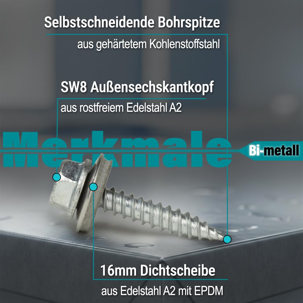 VOOXA | 100 Stück Dünnblechschrauben 6,0x25mm mit EPDM Dichtscheibe (Feingewinde) | Bi-Metall Edelst