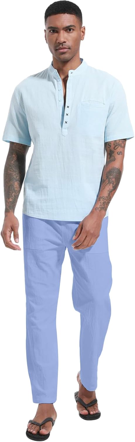 LVCBL Leinenhose Herren Sommer Herbst Lose Lässige Leinenhose mit Taschen Elastischer Bund M Hellbla