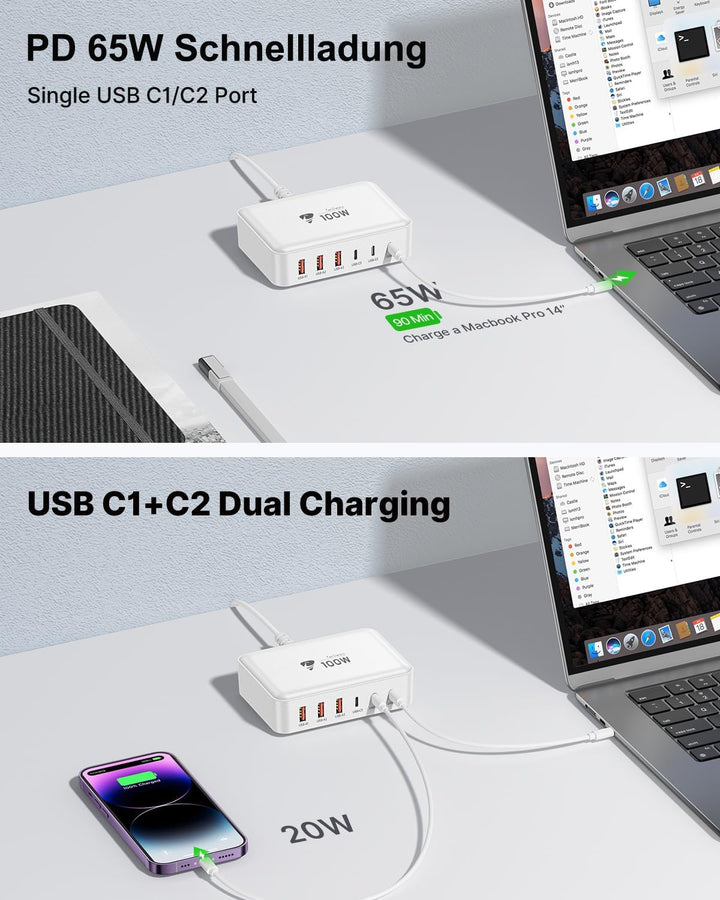 USB C Ladegerät, 100W 6-Port USB C Ladegerät Mehrfach Mit 3 USB-C und 3 USB-A, Schnellladegerät PD 3