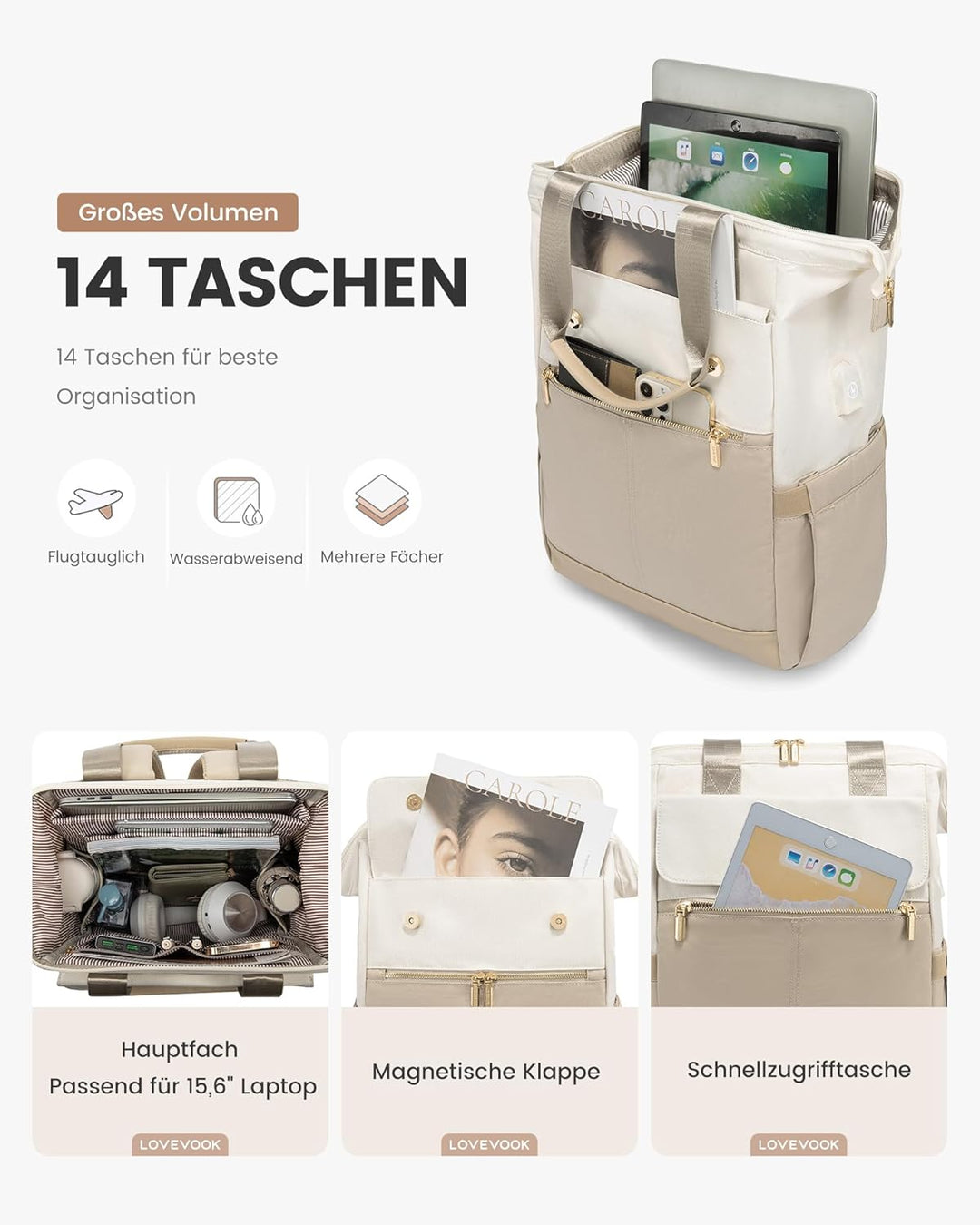 LOVEVOOK Rucksack Damen gross, 18 Zoll Laptop Schulrucksack Teenager, Arbeitstasche SChultasche mit