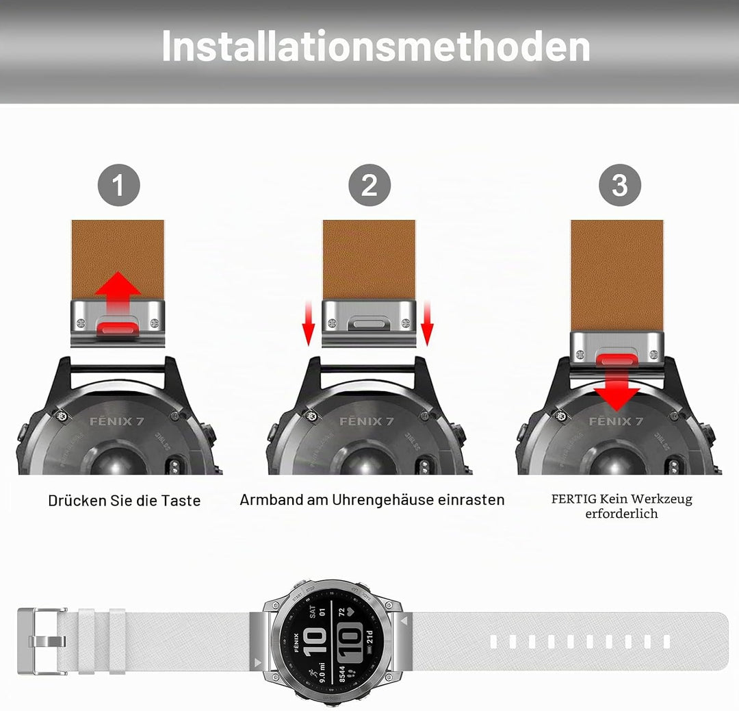Armband für Garmin Fenix 7X, 26mm Echte Leder Ersatzarmband Quick-Fit Uhrenarmband für Garmin Fenix