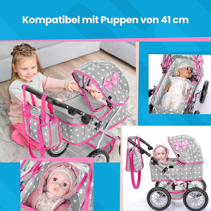Kinderplay Puppenwagen ab 2 Jahre, Puppenbuggy ab 2 Jahre - Leichte und Stabile Konstruktion, Höhenv