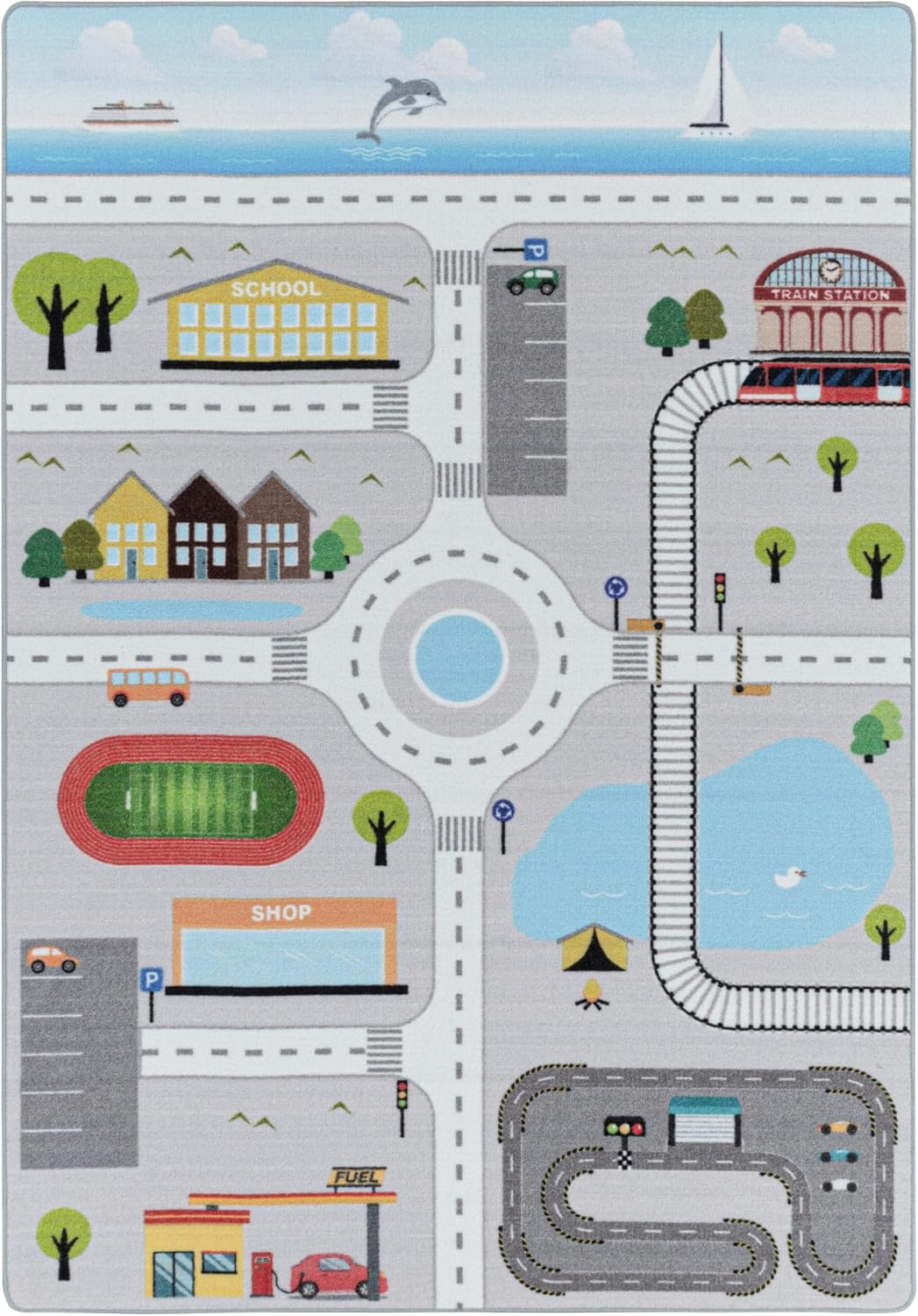 HomebyHome Kinderteppich Strasse Verkehr Design Grau 80x120 cm - Kurzflor Teppich Kinderzimmer Recht