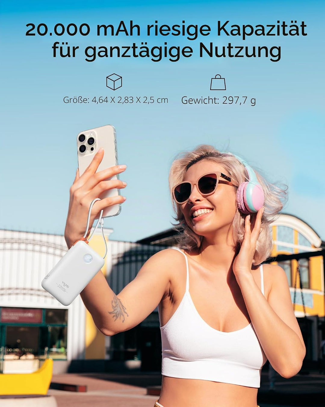 VIYISI Powerbank 20000mAh, 30W PD Schnellladegerät mit integrierten USB-C &amp; Lighting Kabeln, mit LED