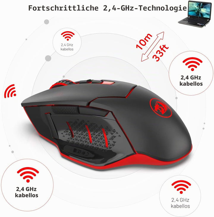 Redragon M690-1 Kabellose Gaming-Maus mit DPI-Schaltung, 2 Seitentasten, 2400 DPI, ergonomisches Des