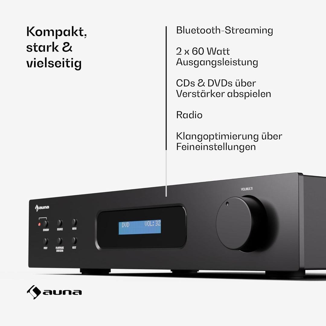 Auna Art22 Verstärker HiFi Stereo Mit Bluetooth &amp; DAB+ Radio – 2x60 W, Optische &amp; Koaxiale Eingänge,