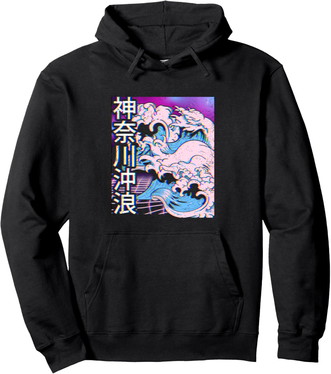 Japanese Kanagawa Great Wave Vaporwave Retro Asia Glitch Pullover Hoodie