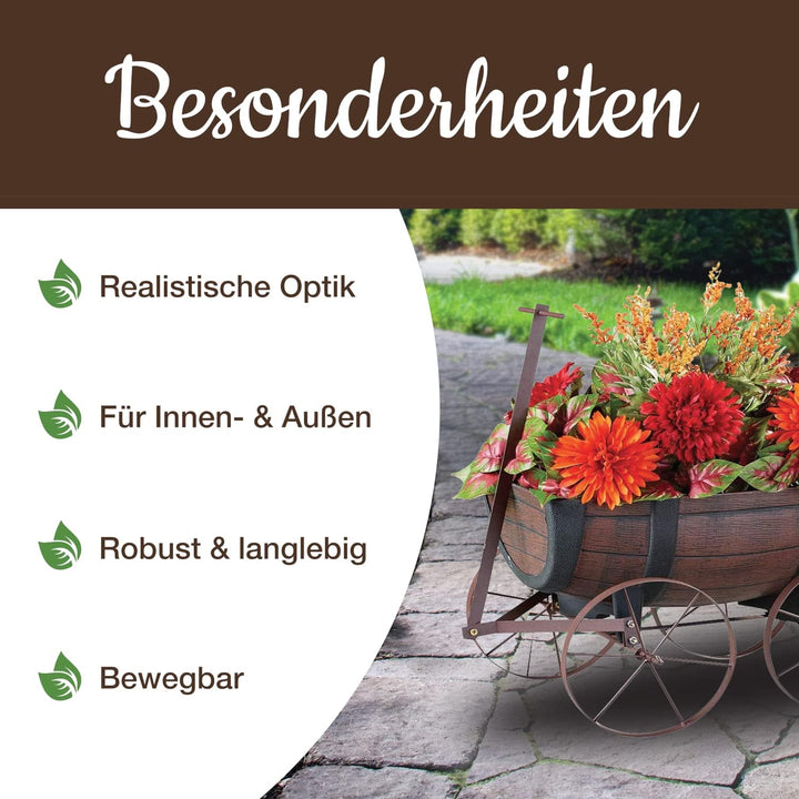 Blumenwagen Whiskyfass - Pflanzwagen auf rädern, Gartendeko Blumentopf Barel - realistischer Blument