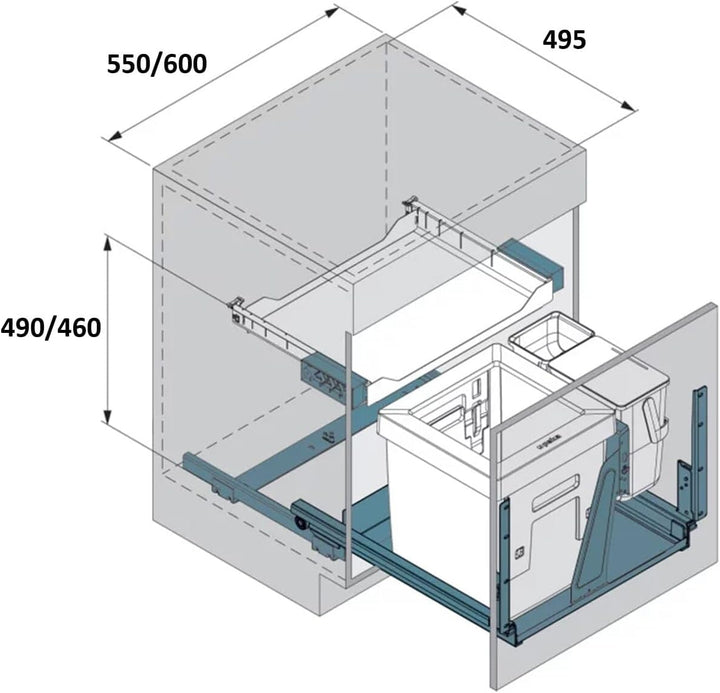 PEKA 200.1660.43 Einbau-Mülltrennsystem Oeko Complet Abfalleimer Küche 3-Fach 490mm, Kunststoff Meta