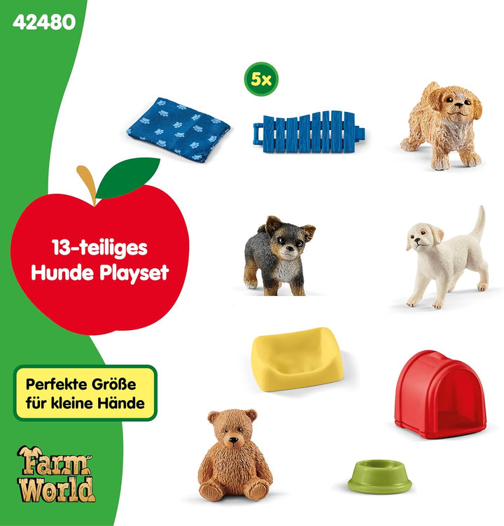 SCHLEICH Farm World | Welpenstube 42480 Tiere Set mit 3 Welpen, Zaun & Zubehör | Bauernhof Spielset